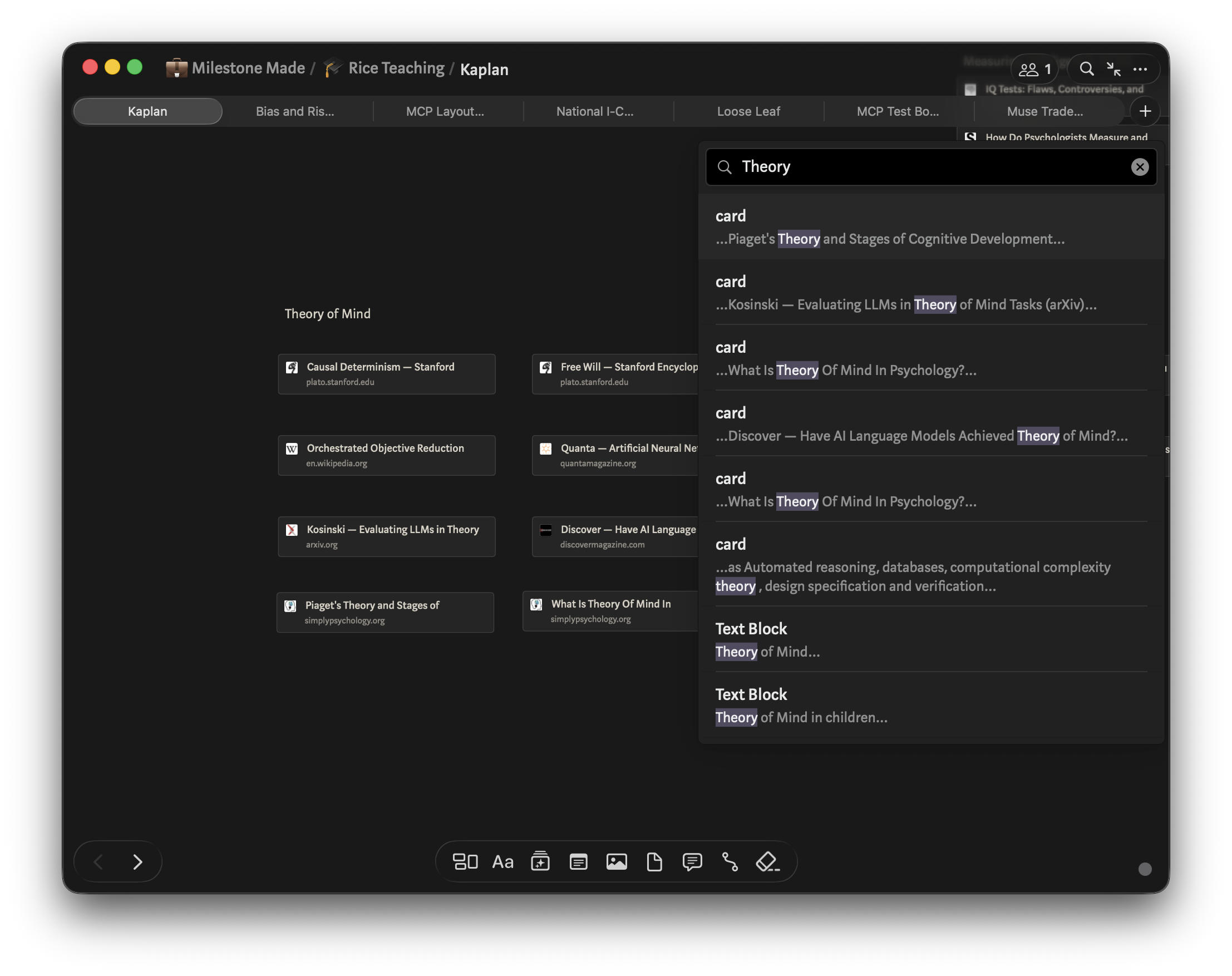 Board search highlighting matching results across cards on a Muse board